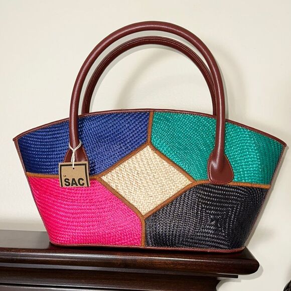 Le SAC Brown Multi Leather Straw Combo Satchel Bag Purse - Picture 1 of 8